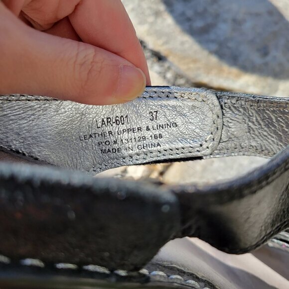 Alegria Black Leather Buckle Lara Pewter Slip On Wedge Heel Sandals Size 37 - Picture 10 of 11